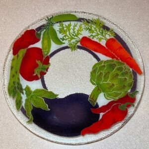 Vintage Signed Peggy Karr Fused Glass Serving Platter 13.5” Vegetable Design